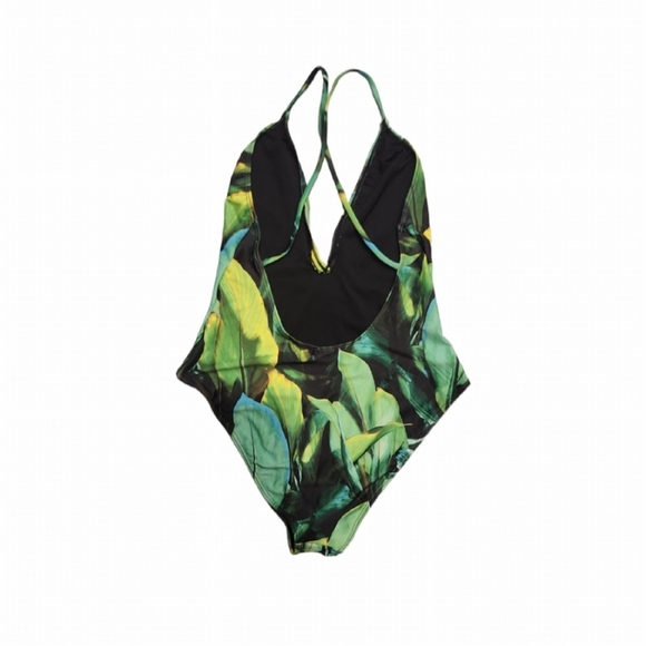 Forever 21 Leaf print One-piece bathing suit Small Green deep v strappy back - Picture 3 of 6